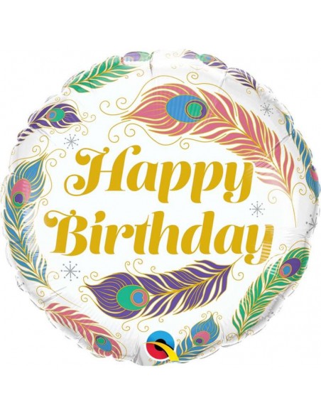 GLOBO 18" MYLAR HAPPY BIRTHDAY PLUMAS PAVO REAL KALEIDOSCOPE