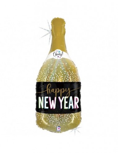Globo 36" Mylar Super Shape Botella Cava  HAPPY NEW YEAR Glitter Holografico