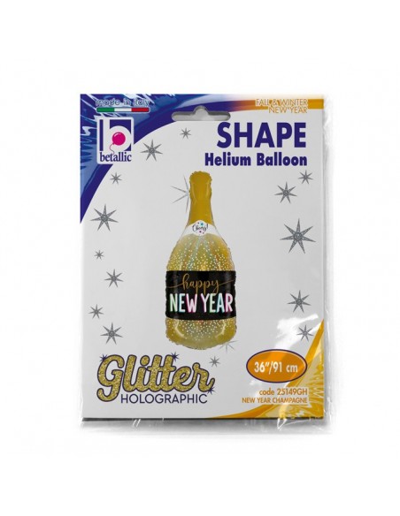Globo 36" Mylar Super Shape Botella Cava  HAPPY NEW YEAR Glitter Holografico