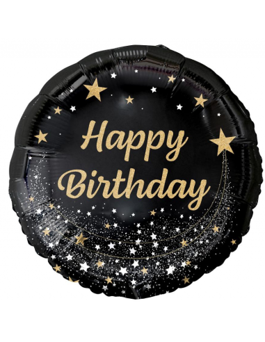 Globo de Foil 18" "Happy Birthday" con Estrellas "Black & Gold"